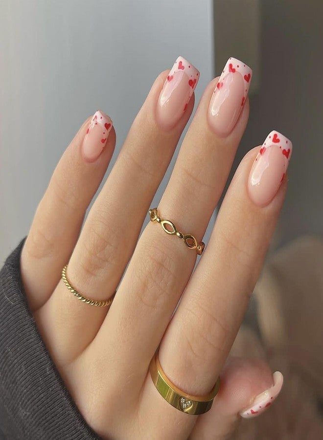 OSTTMA 24Pcs Valentines Press on Nails Short Square Fake Nails with Heart Designs French Tip Acrylic False Nails Full Cover Love Hearts Nails Tips Glue on Nails Valentine Nail Art Decorations for Women Girls - Image 1